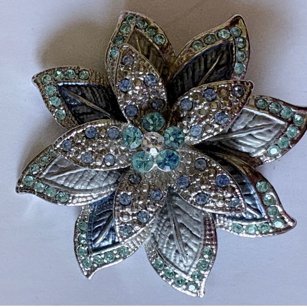 Vintage Light Blue and Clear Rhinestone Flower Brooch